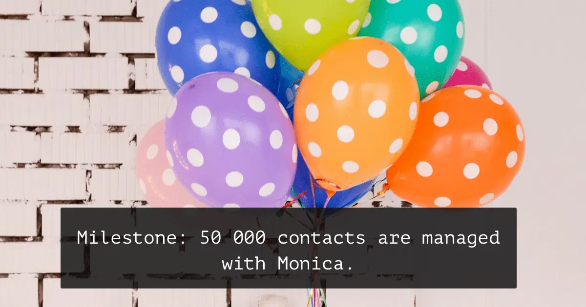 Ballonnen tegen een muur, met het onderschrift: 50 000 contacten worden beheerd met Monica.