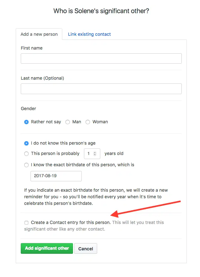 Het formulier om de partner van een contact toe te voegen, met de mogelijkheid die persoon een eigen contactrecord te geven.