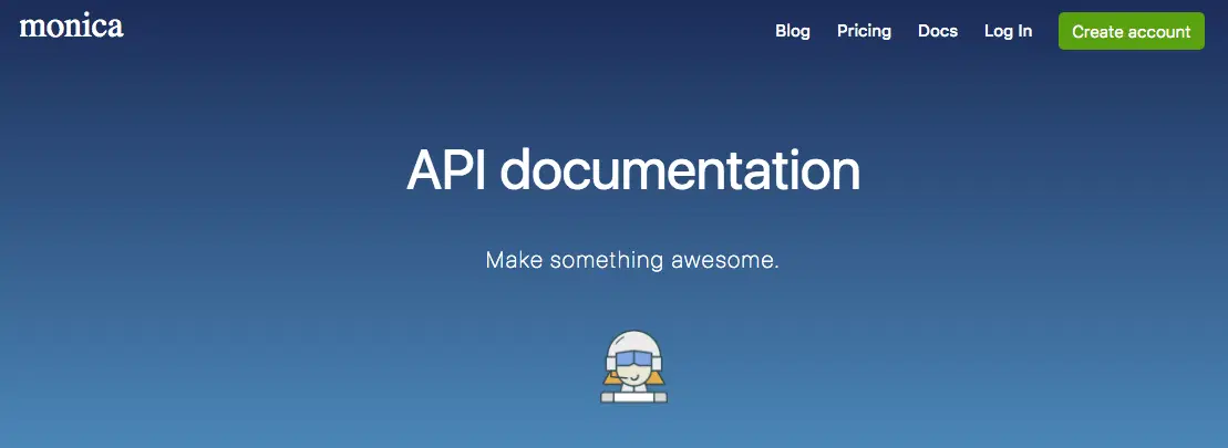 De voorpagina van de API-documentatie van Monica.