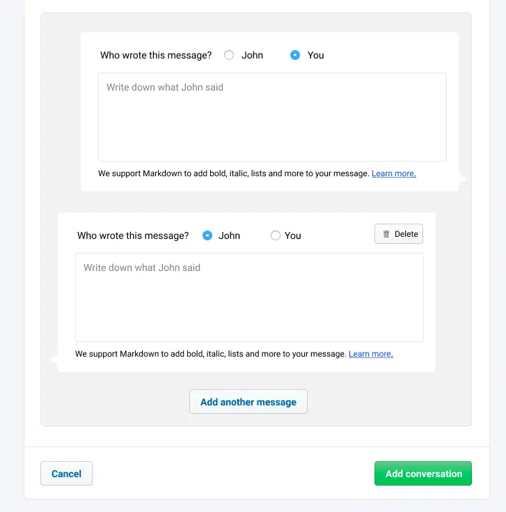 Het formulier om een gesprek vast te leggen, bericht voor bericht, met wie wat heeft geschreven.