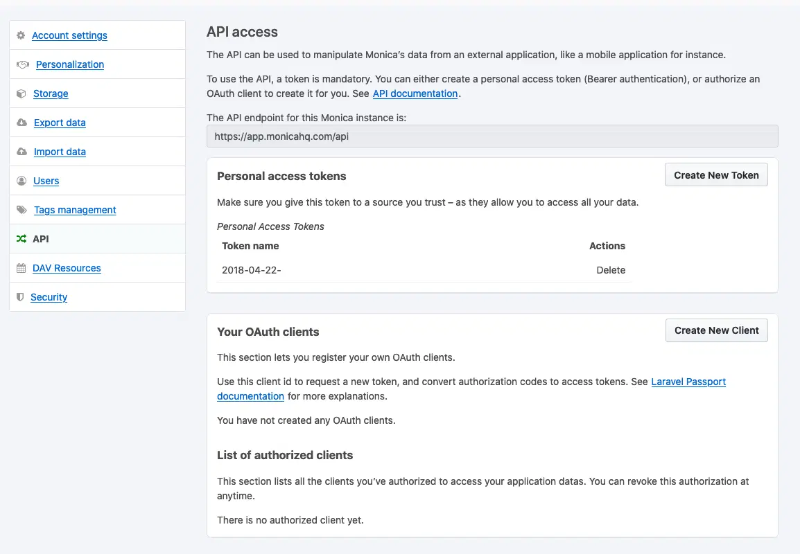 Het instellingenscherm voor de API, met de persoonlijke tokens en de OAuth-clients.
