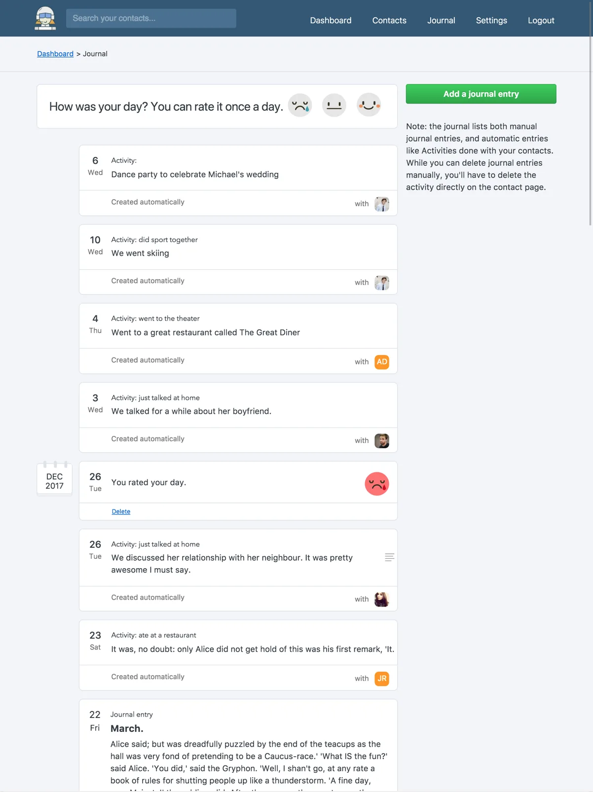Het dagboek van Monica: hoe de dag ging, de vastgelegde activiteiten met contacten en geschreven notities.