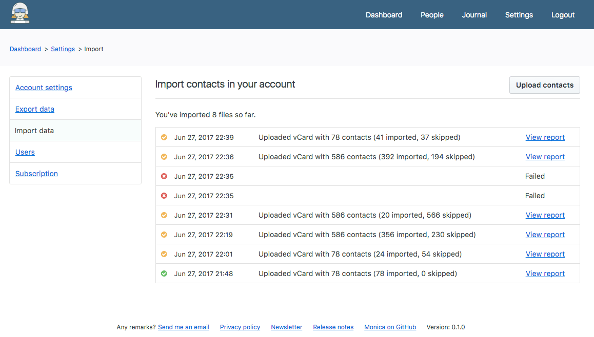 Default import dashboard